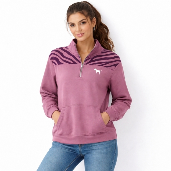 PINK Victoria's Secret Tops - PINK Victoria’s Secret XS Mauve Plum Zebra Quarter Zip Oversized Pullover
